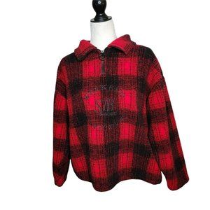 Vintage SJB Sport Fleece Sweatshirt Size Medium Red Black Plaid Pockets 1/4-Zip